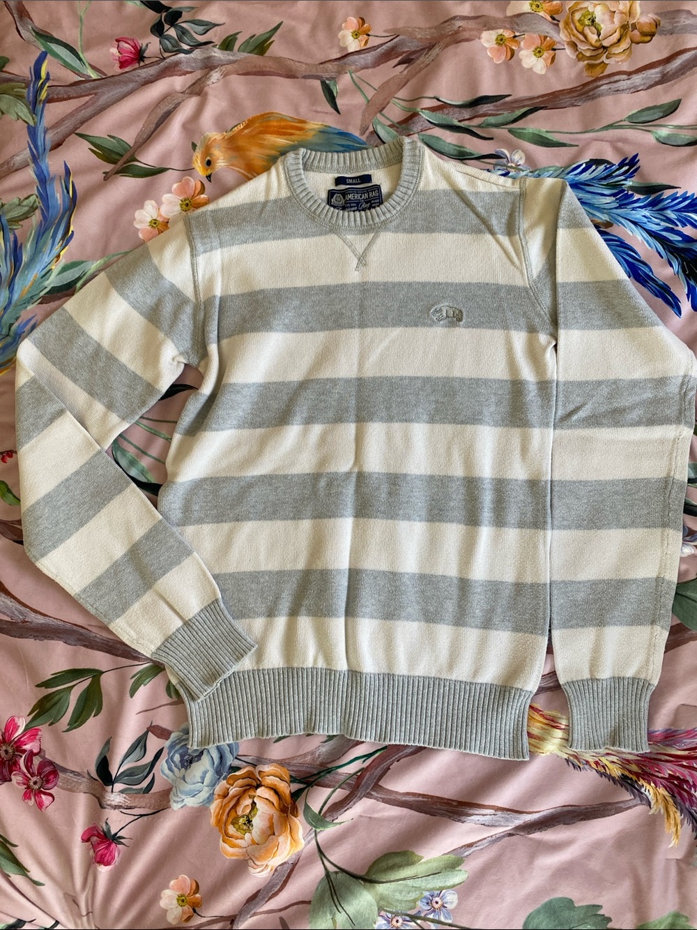 100% Cotton American Rag Cream and Gray Striped Crewneck Sweater